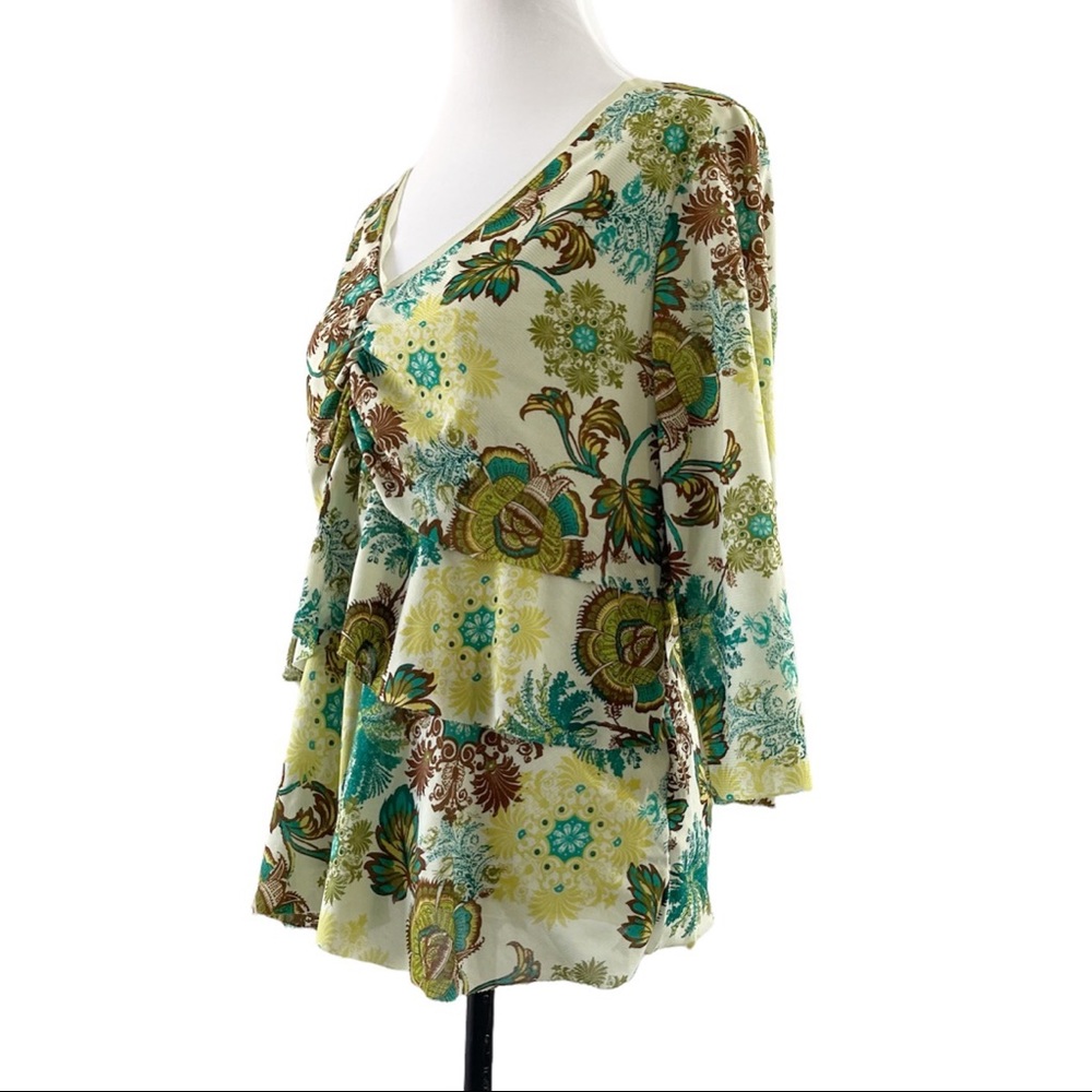 Venezia Sheer  Layered Ruffle V-Neck 3/4 Sleeve Top Size 14/16 EUC